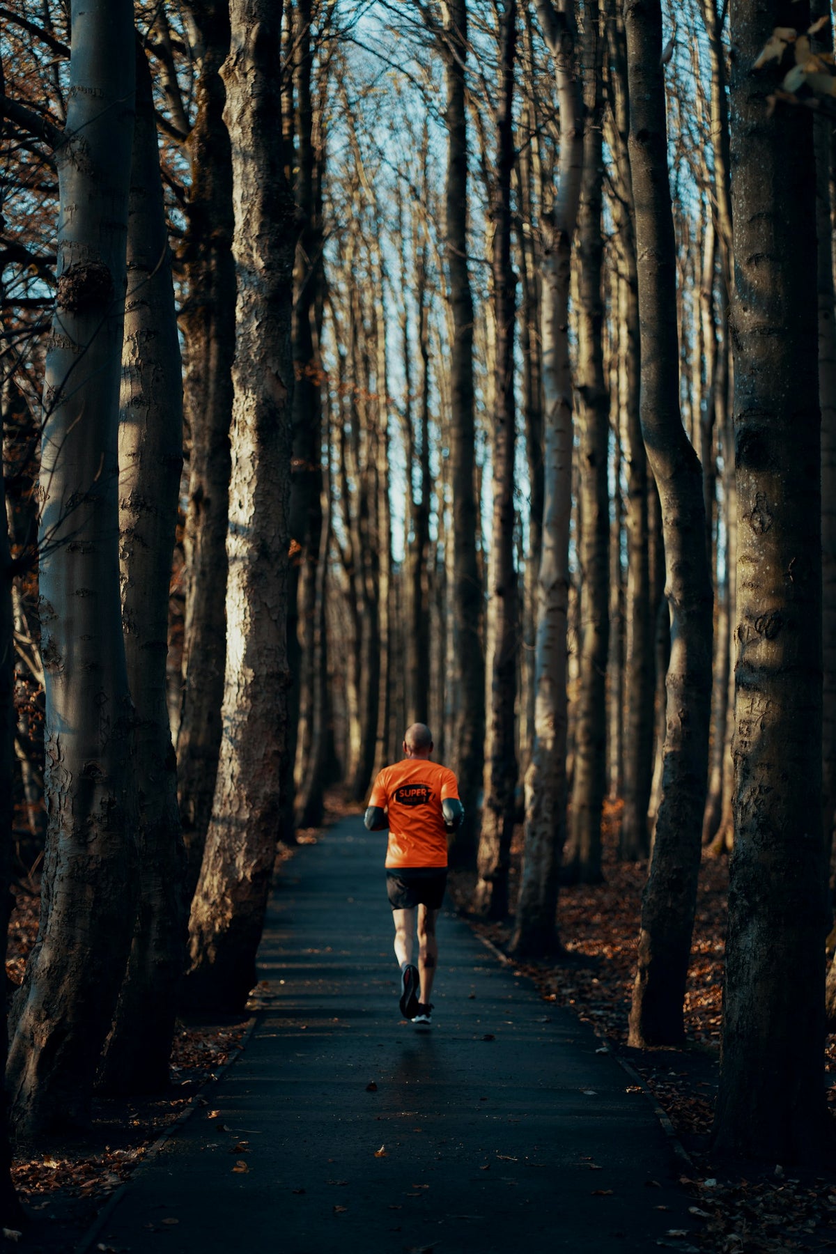 Personne joggant tranquillement sur un chemin dans les bois, style décontracté débutant en course à pied